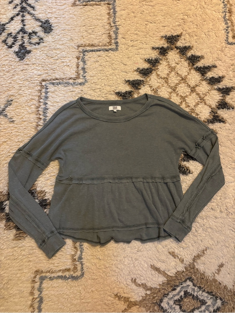 True Craft Olive Green Long Sleeve Ruffle-Hem Top